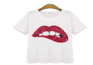 Tirina de marca de verão Mulheres tops tshirt bordando lábios de algodão camiseta curta de manga curta feminina tops tees7467056