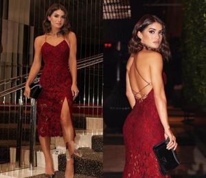 2018 Sexig Bourgogne Full Lace Fitted Evening Party Dresses Spaghetti Straps Column Site Ladies Formal Wear Cocktail Dress9430940