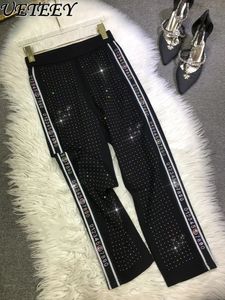 Ciężkie haftowe legiki damskie cienkie czarne ciasne spodnie Allmatch Wysokie talia rozciąganie proste przycięte spodnie 240516