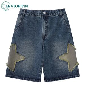 Men Jeans Shorts Y2K Harajuku Retro Embroidery Star Patch Baggy Denim Shorts Streetwear Summer Fashion Casual Short Pants Blue 240506