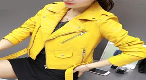 Pu läderjacka kvinnor mode ljusa färger gul motorcykel kappa kort faux läder blixtlås cyklist jacka mjuk kvinna4664099
