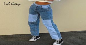 Weekeep Patchwork Fashion Cargo Jeans Women High midjeknappar Fly Streetwear Straight Pants 90s Retro Punk Straight Denim Pants C3128900