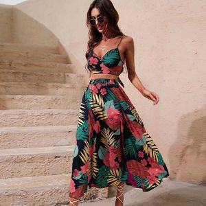 Runway Dresses Y2K Bikini Crop Tops Long Dress Sexy Set for Women Summer Fashion Two Pieces Skirt Beach Style Floral Print Midi Sexy Boho Sets T240518