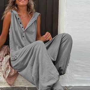 Kvinnors jumpsuits Rompers Retro-knapp ärmlös strand romper enkel solid tvärbyxa lady playsuit kvinnor avslappnad lös huva jumpsuit sommar streetwear j240516