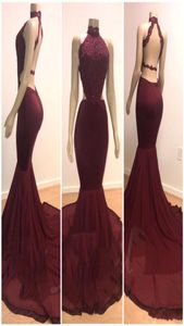 Burgundy Lace and Elastic Satin Prom Dresses Criss Cross Straps Backless Sexy Formal Evening Gowns Sweep Train Custom Made Party D5321889