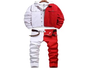 Fashion New Tracksuits Stitching Color Men039s Sets Half Red and Half White Autumn Denim Jacket Matching Slim Stretch Jeans Two6264028