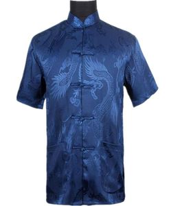 Men039sカジュアルシャツトップネイビーブルーシルクサテンシャツチャイニーズビンテージ半袖衣服タン​​スーツS M L XL XXL XXXL1951943