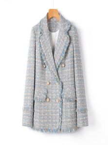 Grande tamanho azul claro Tweed Suit Jacket Spring Autumn Moda retro lape de lapela curta Top xadrez S3991617153