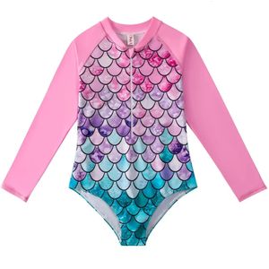 Badeanzug Kids Mermaid Langarm Einszene Beachwear Sonnenschutzmittel Badeanzug Kids Girl Badeanzug Mädchen One Piece 240518