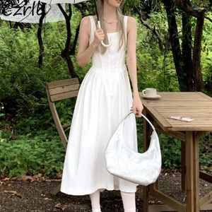 Casual Dresses Solid Sun Dress Women Simple A-Line Sweet Mid-Calf Girls Wear France Folds Zipper Summer Outwear Elegant Korean Style Fashion