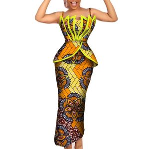 Moda Afrika baskı fırfırları üst ve etekler kadınlar için setler Bazin riche Afrikalı kadın giyim 2 adet kalem etek setleri wy2066682057