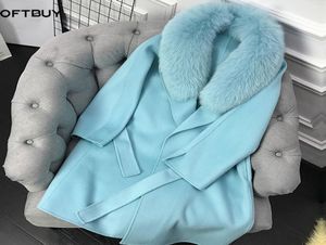 Oftbuy 2020 prawdziwy futra płaszcza zimowa Kobiet Naturalny lis furrię kaszmirowy wełniany mieszanki wełny długie pasy wierzche panie streetwear9357463
