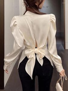 Женские блузки задняя лук элегантный пушистый рукав рубашка мода мода Слим Форт.