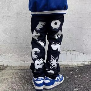 Cyber Y2k Mens Street Fashion Hip Hop Star Print Low Waist Jeans Trousers Straight Pocket Denim Pants 240429