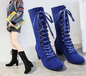 Stylish Mid Calf Designer Boots Round Toe Antiskid Lace Up Suede Shoes Women Chunky Heels With Buckle 3 Colors Solid Short Booties9250107