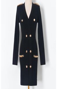 Sexy Women Milan Runway Dresses V Neck Long Sleeve Knitted Dress with Gold Chains Fashion Slim Knit Dress6004867