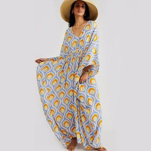 Deep V Neck Geometrie Druck lang Kleid Lady Urlaub Wear Mode Pareos Beach Decken sexy lose Maxi Kausalkostüm