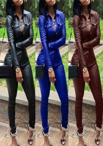 5カラーsxxxl冬のオーバーオールPUレザーシャツパンツトラックスーツファッションセクシーな女性セット2ピースジャンプスーツカジュアル服Y14083162