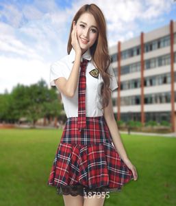 女性学生のための日本の学校の制服韓国の制服を着る夏の白いシャツ格子縞のレーススカート衣類6221716