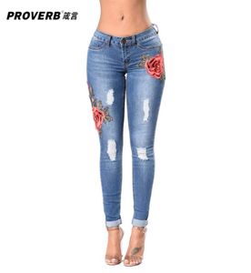 Proverb Woman039S Denim Pencil Pants Sexiga broderier Stretch Jeans Ladies High midje Jeans Femme Trousers7266095