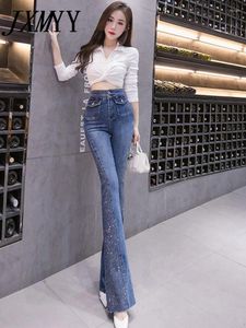 Jeans femininos da moda Alta de cintura alta feminina Slim-Fit Micro-Roll Spring Spring e Autumn Loose Diamond Retro Troushers