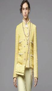 Высококачественная взлетно -посадочная полоса Женская твидовая куртка осенью офисные дамы с двойной грудью хрустальные пуговицы Kpop желтые клетки пластинки 2010141241361