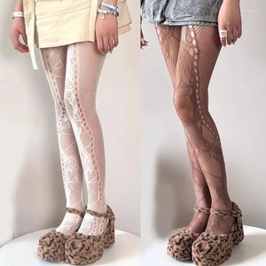 Women Socks French Sexy Hollowed Out Sheer Fishnet Pantyhose Aesthetic Punk Flower Patterned Leggings Mesh Tights