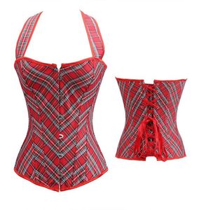 Röd kontrollerad Halterneck Corset och Gstring Set Women Fashion Plus Size S6XL British Style Plaid Overbust Laceup Corsetlet2322385