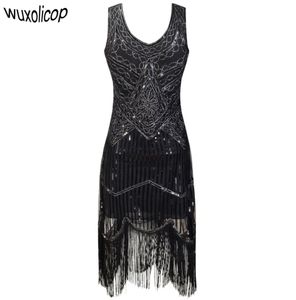 Mulheres Vestido de Vestido Femme 1920s Great Gatsby Flapper Senhores Fringe Midi Dress Vestido Summer Art Deco Retro Black Dress Y1901176324084