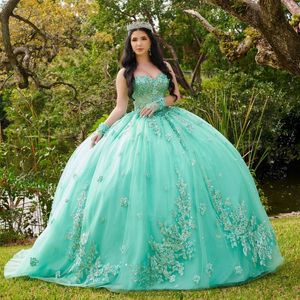 Green Shiny Quinceanera Dress Ball Gown Off The Shoulder Lace Applique Beading Tull Corset Sweet 16 Party Gown Vestido De 15 Anos