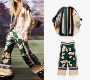 Za Seiden Kimono -Anzug Druckhemdhosen 2pcs weiches dünne losen Top Vneck High Taille Elegante Streetwear 2109303742632