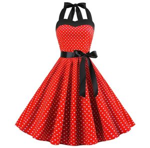 Сексуальное ретро -красное в горошек платье Audrey Hepburn Vintage Halter 50S 60S Gothic Pin Up Rockabilly Plus Robe 2204253621989