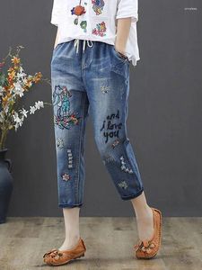 Kvinnors jeans tecknad broderi kvinnlig sommar atutumn koreansk stil lös kontor damer streetwear harem jogger byxor elastiska