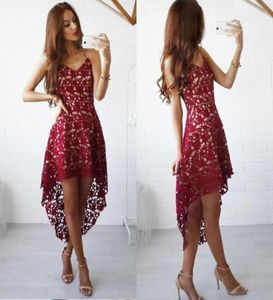 Burgundy Lace Hi Low Party Dresses Spaghetti Straps Cocktail Dress Cheap High Quality Short Front Long Back Formal Wear4078766