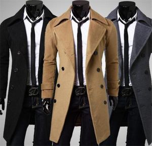 New Brand Autumn mens long pea coat Men039s woolen Coat Turn down Collar Double Breasted men trench coat3936041