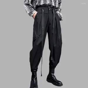 Men's Pants Fashion Men Casual Patchwork High Wais Belt Pleated Loose Joggers Streetwear Trousers Personality Crop Pantalon
