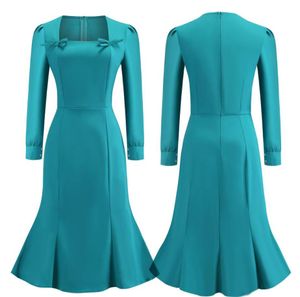 2018 Teal Long Sleeves Work Dresses Square Neck Solid Color with Bow Cotton Women Mermaid Vintage Pencil Dress FS61417291677