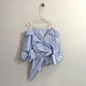 2024 Spring and Autumn New Maje Folded Spliced Shirt with Vertical Stripe Irregular Off Shoulder Shirt, Hanging Strap, Waist Clamping Top for Women