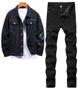 Black Paint Men039S 2st Set Set Autumn Tracksuits Casual Slim Denim Jacket Ripped Hole Elastic Jeans Personlighet Fashion Man T1921211