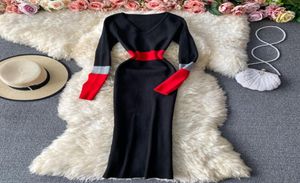 2022 Autumn Winter Design New Women039S Vneck Color Block Long Longt lebed High Weist Midi Long Sweater Dress1086679