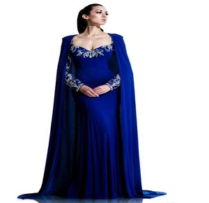 Royal Blue Mermaid Dubai Cape aftonklänning 2021 Party Sexig långärmad saudiarabiska promklänningar svep tåg formella tävlingsklänningar7062918