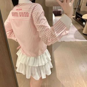 Miu+polo Collar Striped Women 2024 New Style French Sweet Niche All-Match Age-Reducing Spring Short Shirt