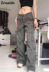Zenaide Goth Cargo Pants Y2K Women Oversized Grunge Boyfriend Grey Low Waist Loose Pockets Baggy Jeans Vintage Street Wear Punk AA9574443