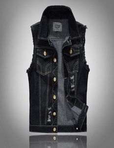 Erkek sıkıntılı denim yelek mavi kolsuz jeans denim ceket erkekler için gündelik yelekler Gilet Biker Homme4388976