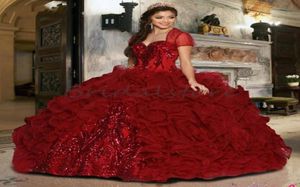 Abiti Quinceanera di lusso Burgundy con paillettes da bling bolero Applique Sweet 16 Abitali per salto per la gonna abiti da ballo Vestidos 15 Anos PR3821338