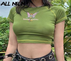 Damen T -Shirt Butterfly Grafik und Buchstaben Druckstich Grüne Ernte Y2K Sommer Grunge -Stil Oneck Kurzarm Tshirts6886350