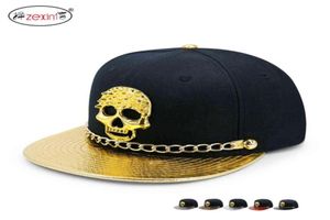 Punk Style Gold Leather with Chain Button Skull Rivet Baseball Hip Hop Flat Brim Hat28583536767552