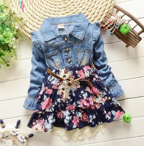 Baby Girls 2018 Autumn Denim Dresses For New Arrival Korean Brand Sweet Good Quality Big Flower Toddler Little Girls Floral Dresse5251275