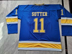 Fotos físicas de camisas de hóquei Brian Sutter Blue Men Youth Women High School Size S-6xl ou qualquer nome e número de camisa