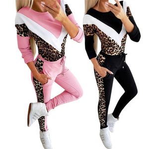 Leopard Color Patchwork 2020Sexy Slim Women 2 Piece Set Long Sleeve TopDrawstring Pocket Pencil Pant Casual Streetwear Suit2073615